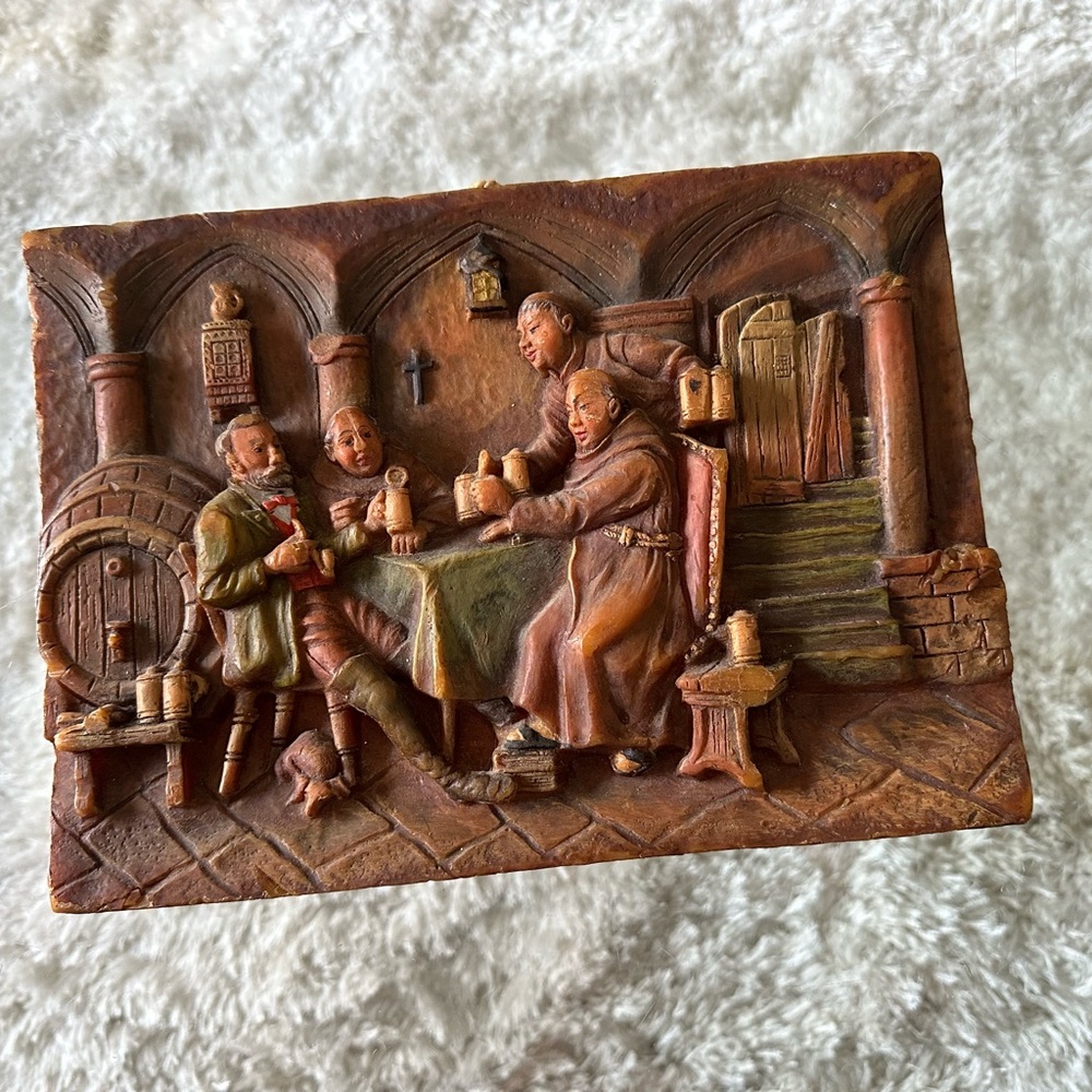 Gunter Kerzen WAX Sculpture Carving Monks having beers with a friend Wall Plaque